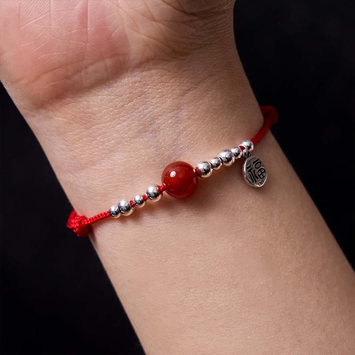Braccialetto in corda intrecciata ultra sottile con carattere Fu in argento sterling 925 fatto a mano con Buddha Stones, agata rossa e ciondolo a forma di fortuna