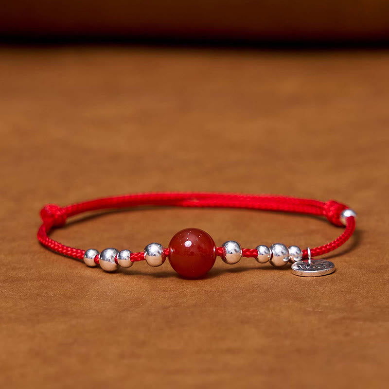 Braccialetto in corda intrecciata ultra sottile con carattere Fu in argento sterling 925 fatto a mano con Buddha Stones, agata rossa e ciondolo a forma di fortuna - image 1