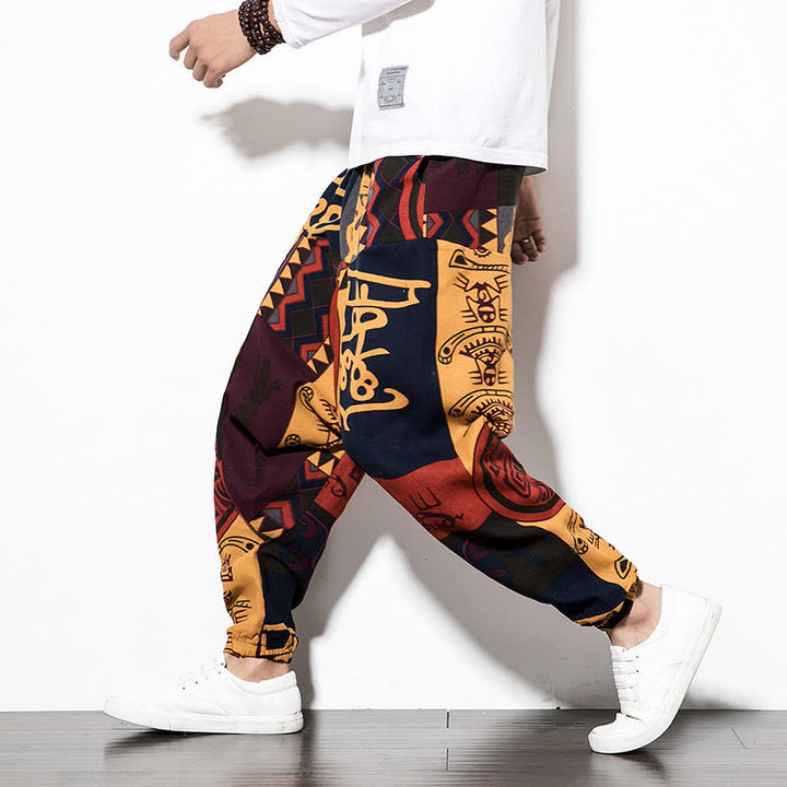Pantaloni harem da uomo in cotone con stampa graffiti di uccelli rossi e marroni Buddha Stones con tasche
