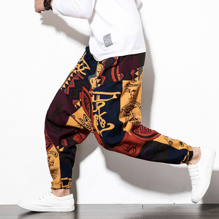 Pantaloni harem da uomo con tasche e stampa di uccelli graffiti rossi e marroni con Buddha Stones - image 10