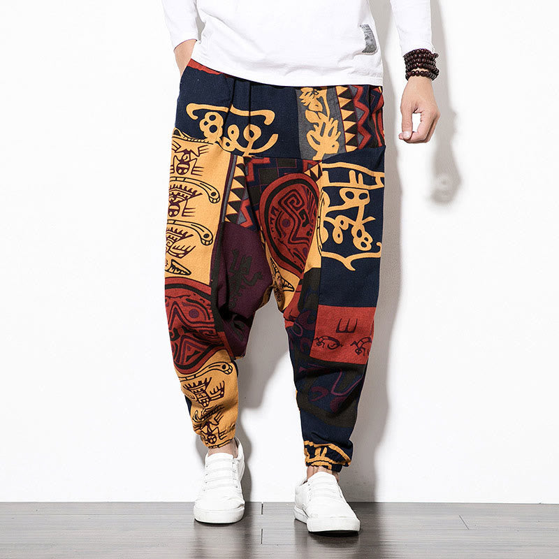 Pantaloni harem da uomo con tasche e stampa di uccelli graffiti rossi e marroni con Buddha Stones - image 1