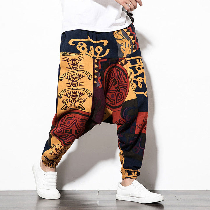 Pantaloni harem da uomo con tasche e stampa di uccelli graffiti rossi e marroni con Buddha Stones - image 3