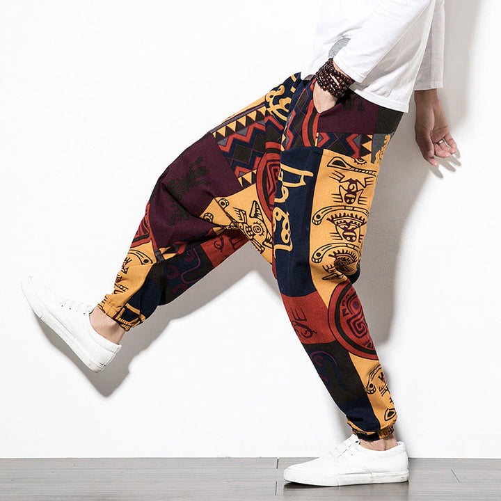 Pantaloni harem da uomo in cotone con stampa graffiti di uccelli rossi e marroni Buddha Stones con tasche - image 13