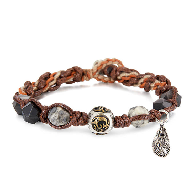 Braccialetto intrecciato fatto a mano in corda di trasporto con Buddha Stones , in argento sterling 925, lucentezza argentata e ossidiana