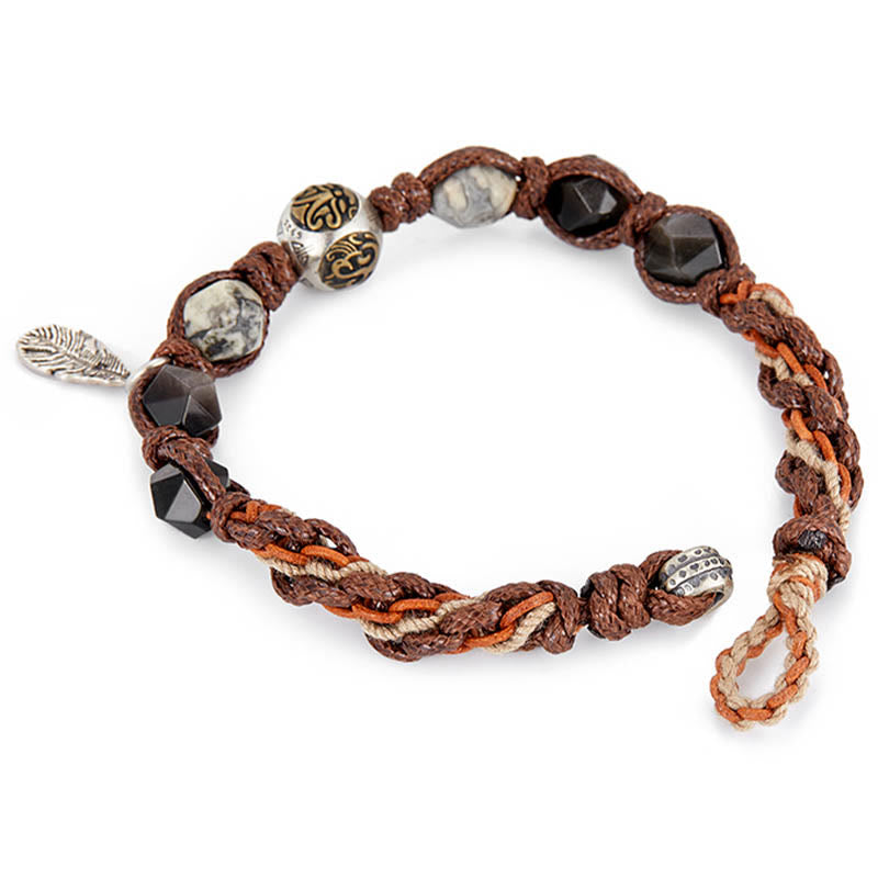 Braccialetto intrecciato fatto a mano in corda di trasporto con Buddha Stones , in argento sterling 925, lucentezza argentata e ossidiana
