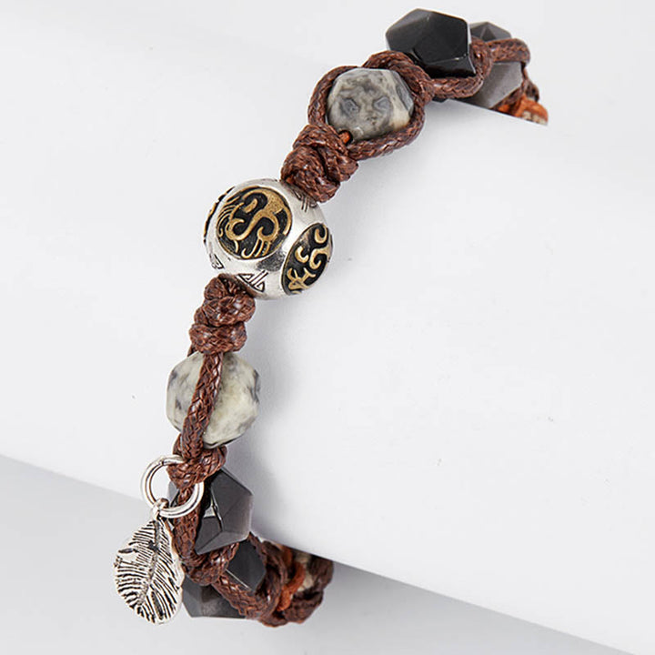 Braccialetto intrecciato fatto a mano in corda di trasporto con Buddha Stones , in argento sterling 925, lucentezza argentata e ossidiana