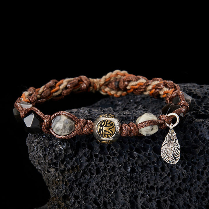 Braccialetto intrecciato fatto a mano in corda di trasporto con Buddha Stones , in argento sterling 925, lucentezza argentata e ossidiana
