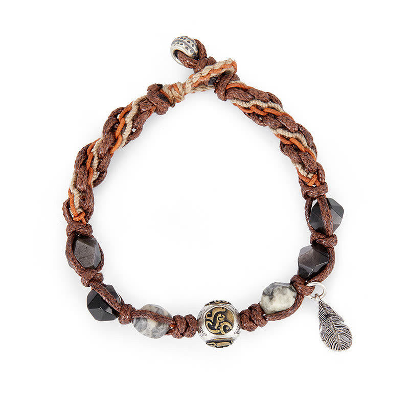 Braccialetto intrecciato fatto a mano in corda di trasporto con Buddha Stones , in argento sterling 925, lucentezza argentata e ossidiana