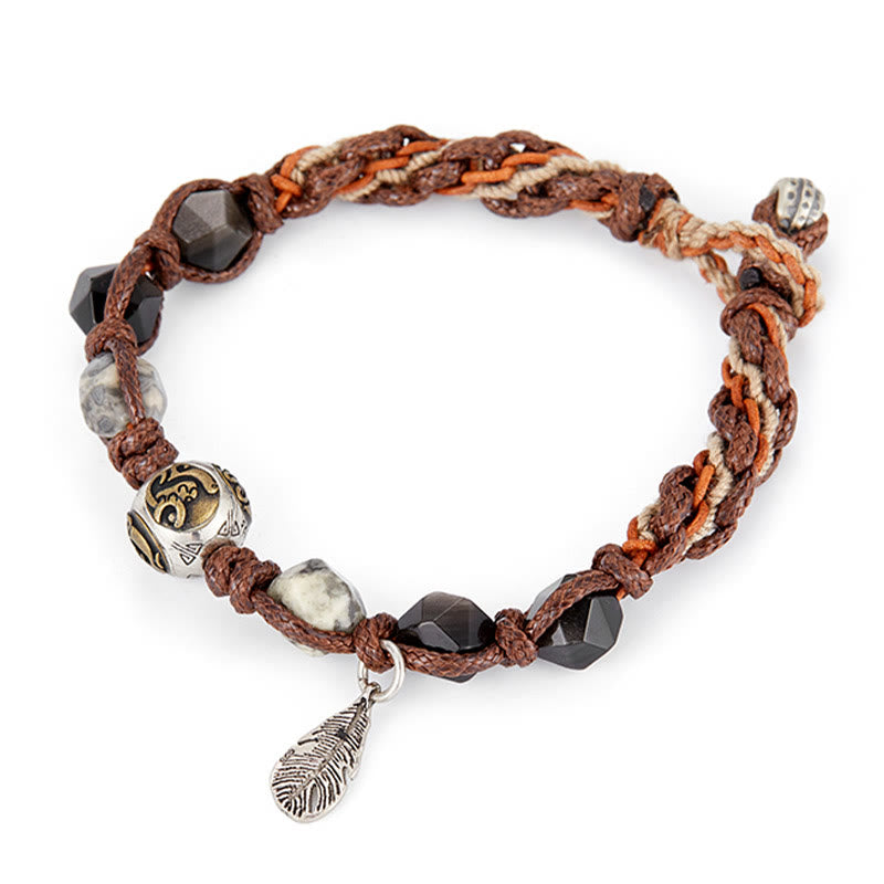 Braccialetto intrecciato fatto a mano in corda di trasporto con Buddha Stones , in argento sterling 925, lucentezza argentata e ossidiana