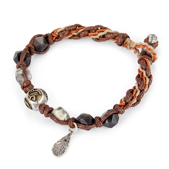 Braccialetto intrecciato fatto a mano in corda di trasporto con Buddha Stones , in argento sterling 925, lucentezza argentata e ossidiana