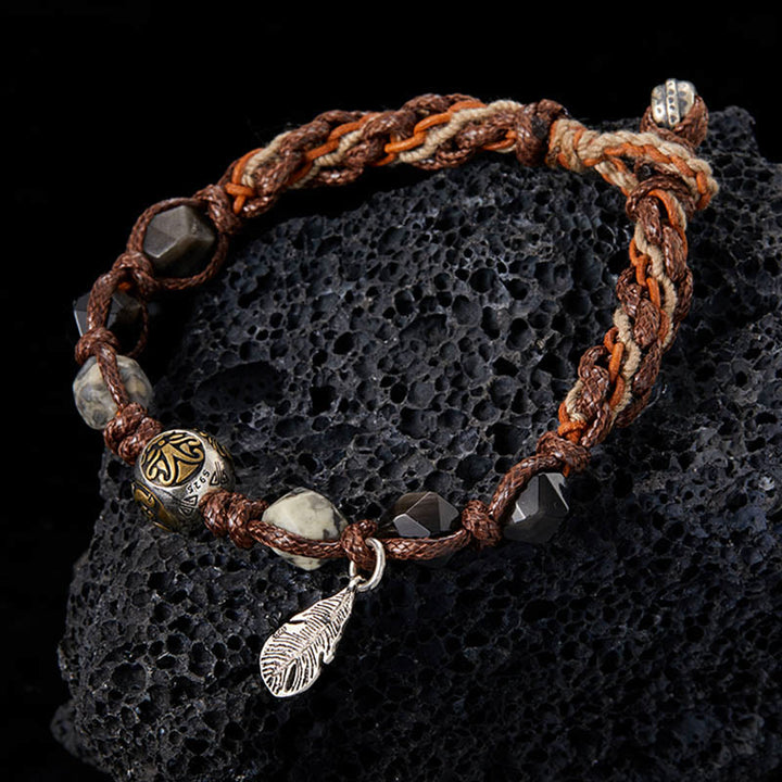Braccialetto intrecciato fatto a mano in corda di trasporto con Buddha Stones , in argento sterling 925, lucentezza argentata e ossidiana