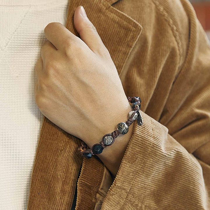 Braccialetto intrecciato fatto a mano in corda di trasporto con Buddha Stones , in argento sterling 925, lucentezza argentata e ossidiana
