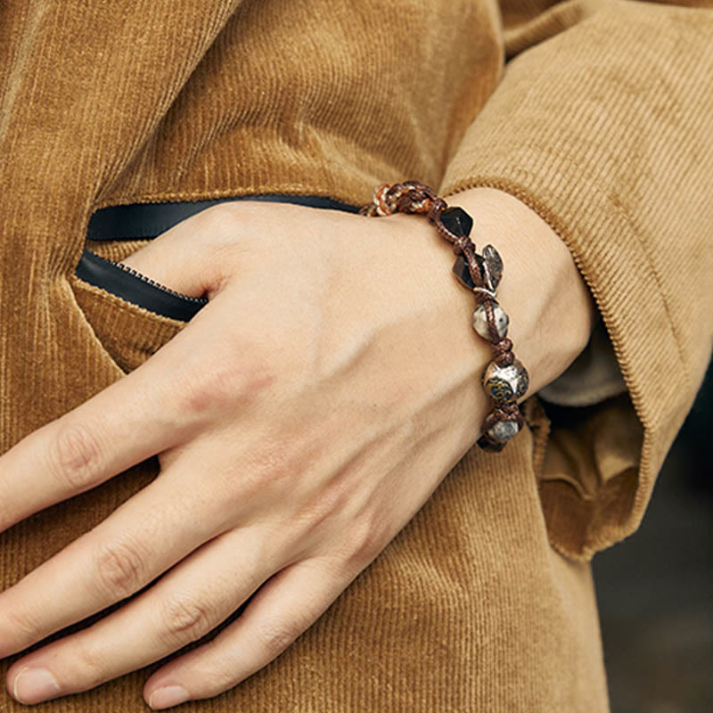 Braccialetto intrecciato fatto a mano in corda di trasporto con Buddha Stones , in argento sterling 925, lucentezza argentata e ossidiana