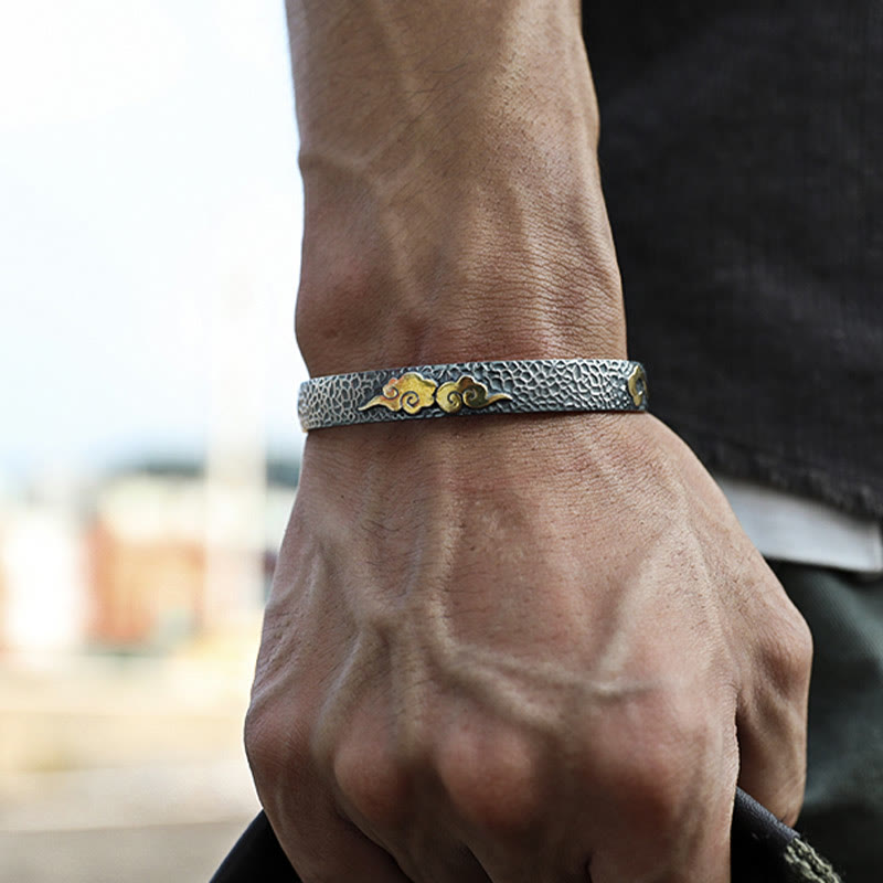 Buddha Stones Retro 999 Sterling Silver Heart Sutra Auspicious Cloud Wealth Cuff Bracciale Bangle