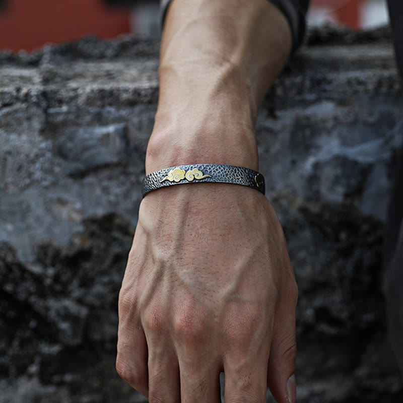 Buddha Stones Retro 999 Sterling Silver Heart Sutra Auspicious Cloud Wealth Cuff Bracciale Bangle