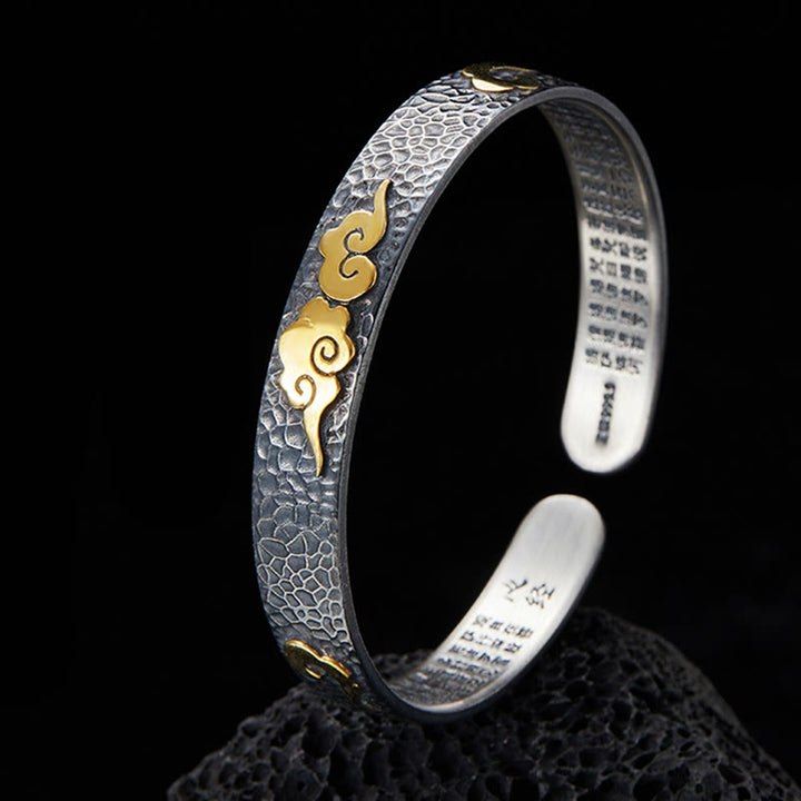 Buddha Stones Retro 999 Sterling Silver Heart Sutra Auspicious Cloud Wealth Cuff Bracciale Bangle