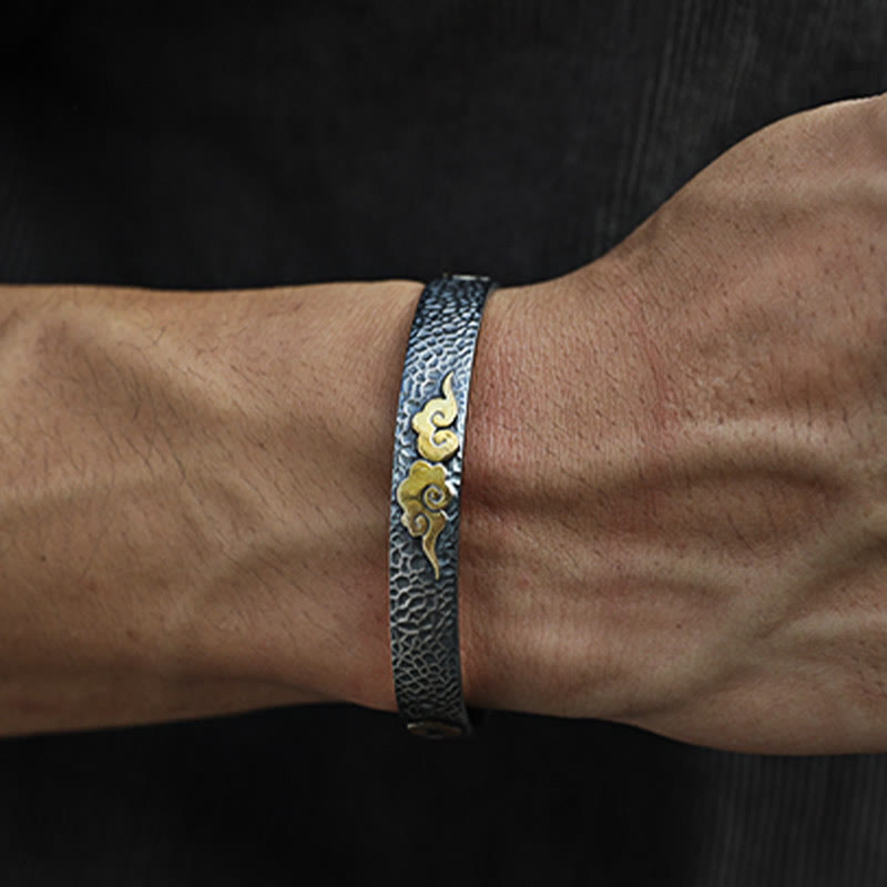 Buddha Stones Retro 999 Sterling Silver Heart Sutra Auspicious Cloud Wealth Cuff Bracciale Bangle - image 4