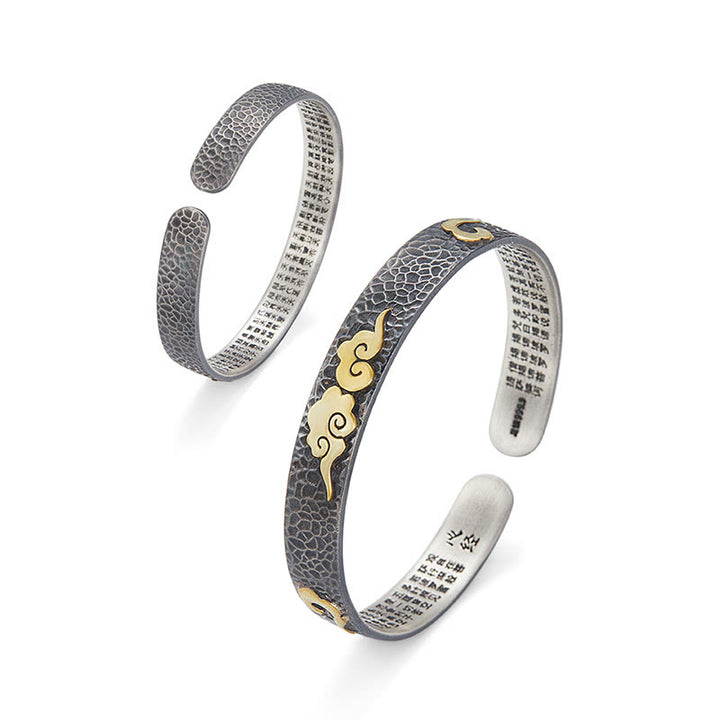 Buddha Stones Retro 999 Sterling Silver Heart Sutra Auspicious Cloud Wealth Cuff Bracciale Bangle