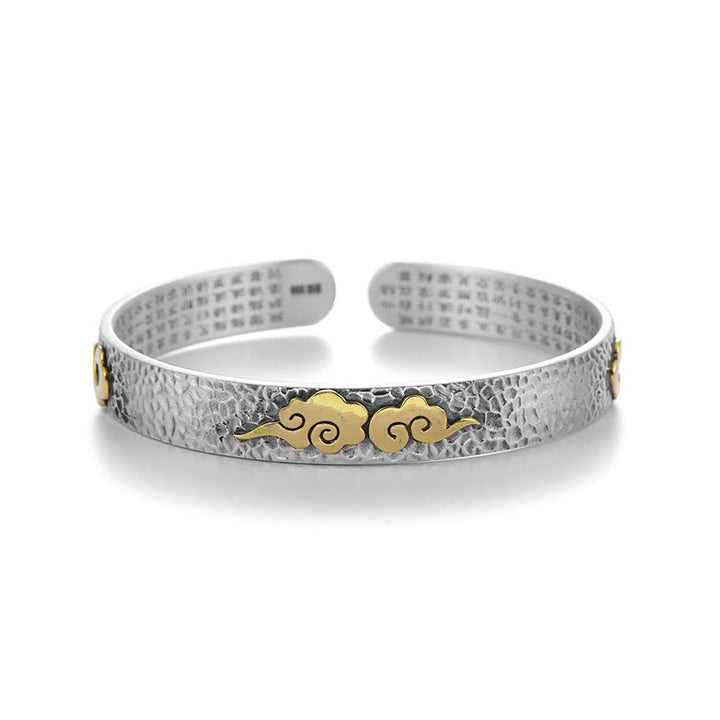 Buddha Stones Retro 999 Sterling Silver Heart Sutra Auspicious Cloud Wealth Cuff Bracciale Bangle