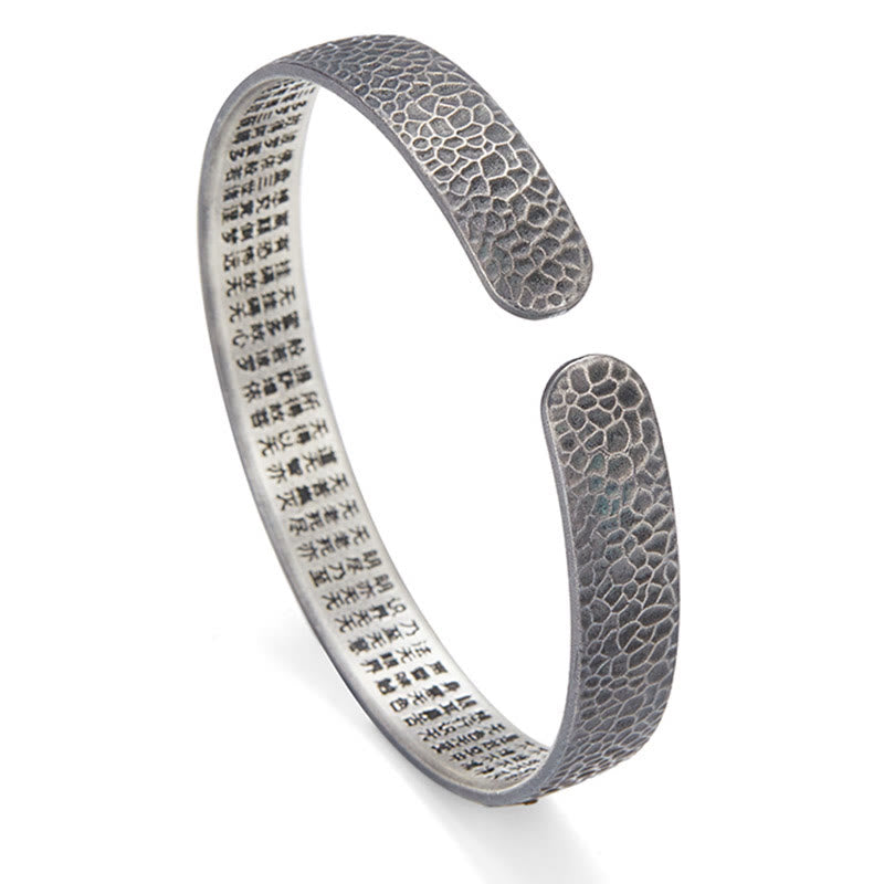 Buddha Stones Retro 999 Sterling Silver Heart Sutra Auspicious Cloud Wealth Cuff Bracciale Bangle