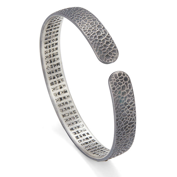Buddha Stones Retro 999 Sterling Silver Heart Sutra Auspicious Cloud Wealth Cuff Bracciale Bangle