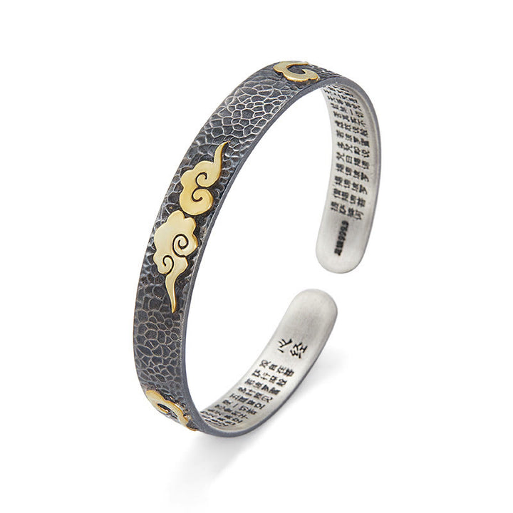Buddha Stones Retro 999 Sterling Silver Heart Sutra Auspicious Cloud Wealth Cuff Bracciale Bangle