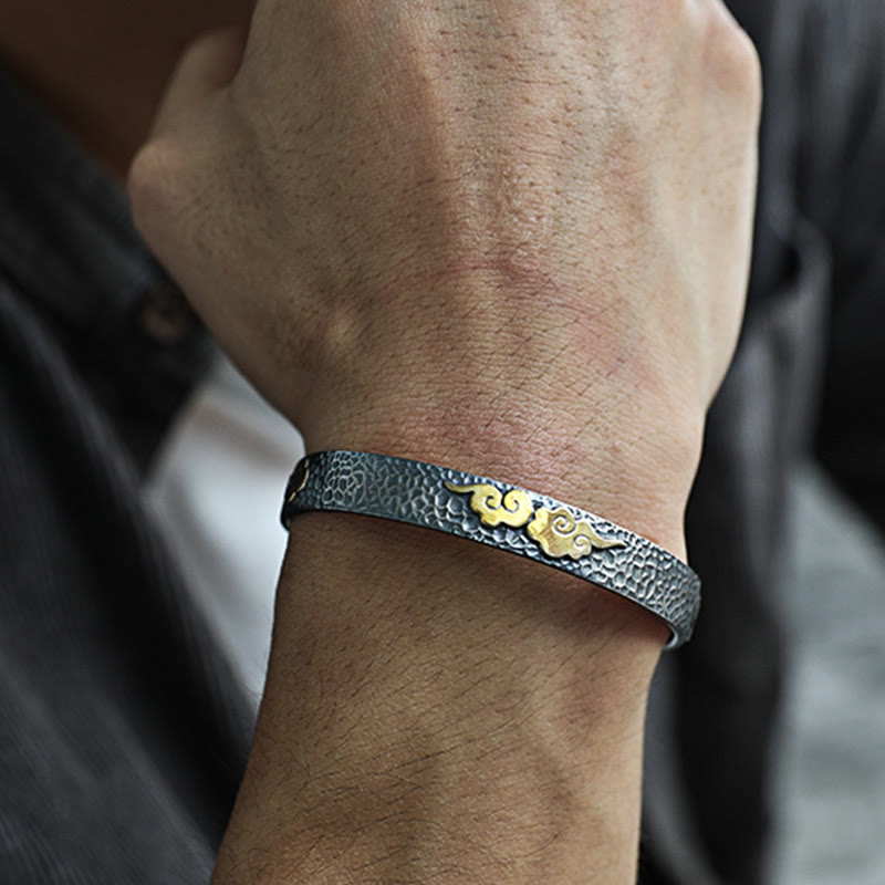 Buddha Stones Retro 999 Sterling Silver Heart Sutra Auspicious Cloud Wealth Cuff Bracciale Bangle