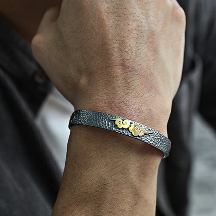 Buddha Stones Retro 999 Sterling Silver Heart Sutra Auspicious Cloud Wealth Cuff Bracciale Bangle