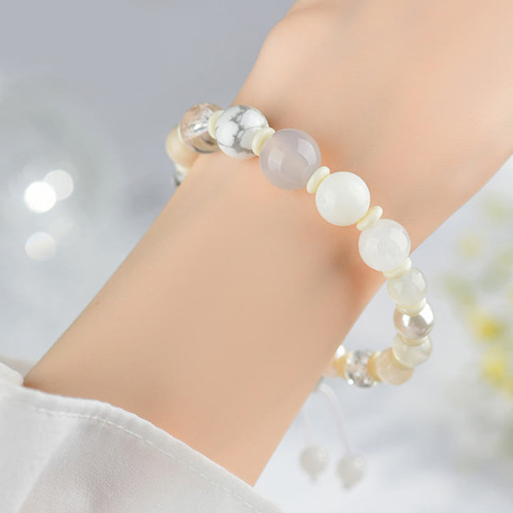 Bracciale Buddha Stones Agata Bianca Perla 18 Perline Equilibrio Fortuna