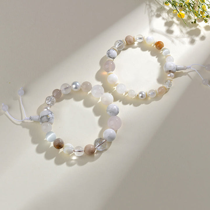 Bracciale Buddha Stones Agata Bianca Perla 18 Perline Equilibrio Fortuna