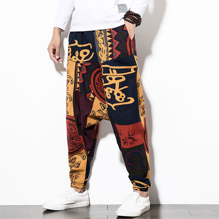 Pantaloni harem da uomo con tasche e stampa di uccelli graffiti rossi e marroni con Buddha Stones - image 4
