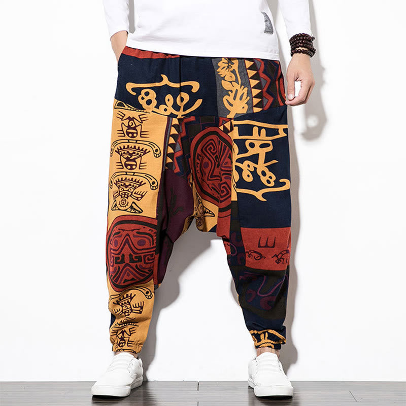 Pantaloni harem da uomo con tasche e stampa di uccelli graffiti rossi e marroni con Buddha Stones - image 9