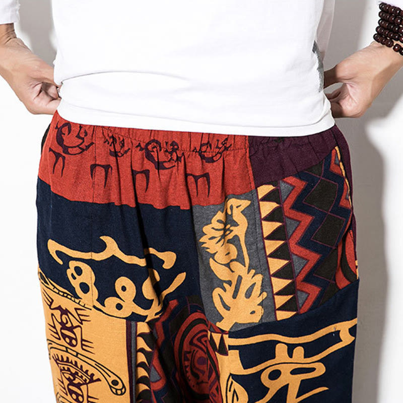 Pantaloni harem da uomo con tasche e stampa di uccelli graffiti rossi e marroni con Buddha Stones - image 5