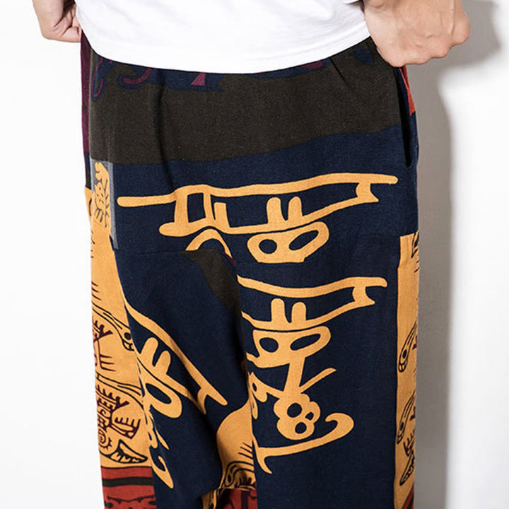 Pantaloni harem da uomo con tasche e stampa di uccelli graffiti rossi e marroni con Buddha Stones - image 7