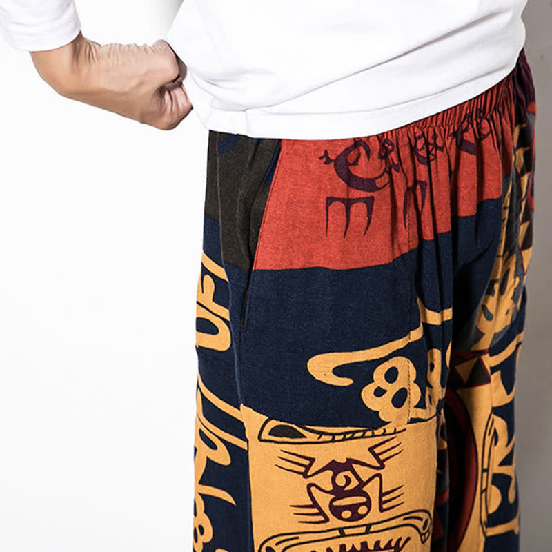Pantaloni harem da uomo con tasche e stampa di uccelli graffiti rossi e marroni con Buddha Stones - image 6
