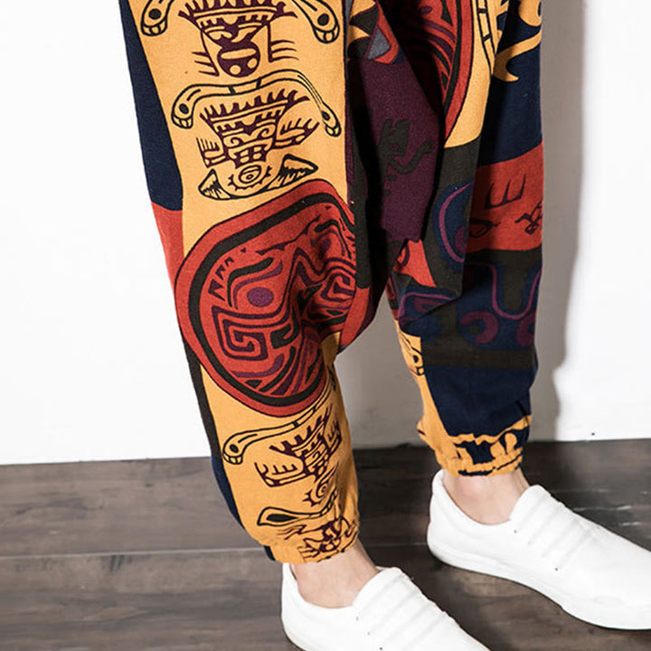 Pantaloni harem da uomo in cotone con stampa graffiti di uccelli rossi e marroni Buddha Stones con tasche