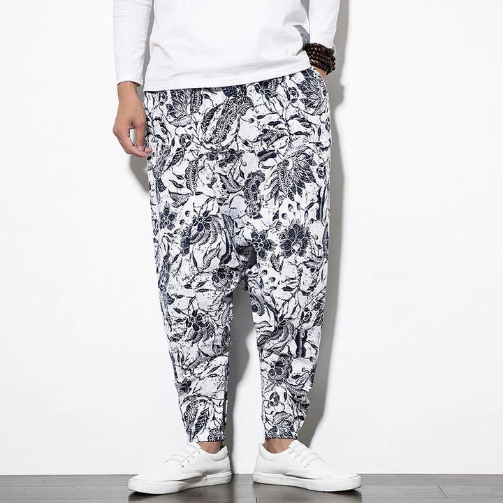 Pantaloni harem lunghi da uomo in cotone con stampa di foglie e pietre Buddha Stones