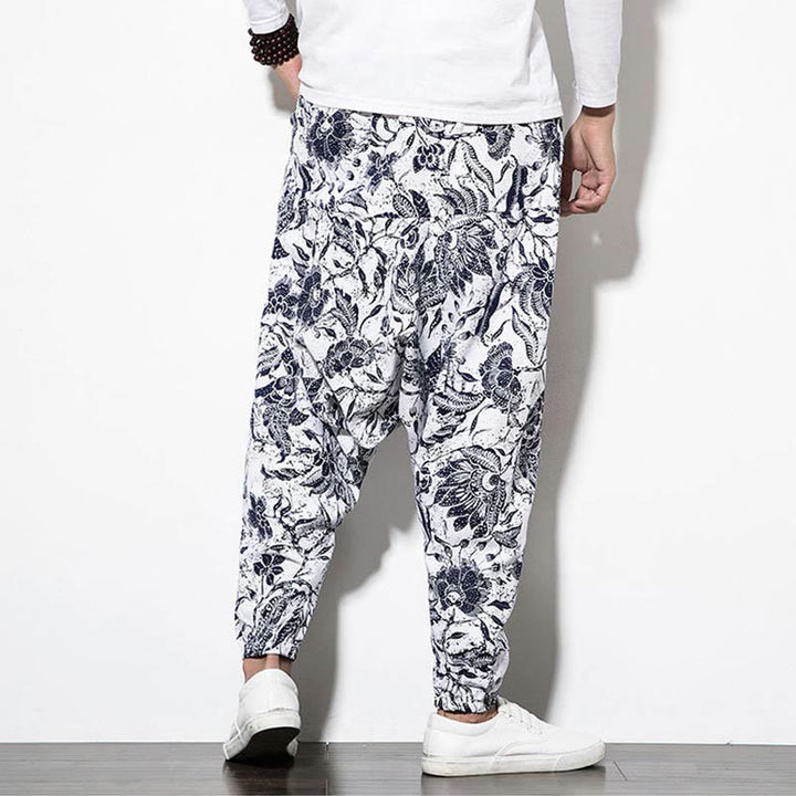 Pantaloni harem lunghi da uomo in cotone con stampa di foglie e pietre Buddha Stones