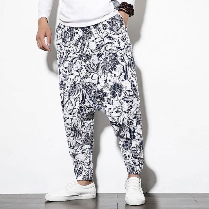Pantaloni harem lunghi da uomo in cotone con stampa di foglie e pietre Buddha Stones
