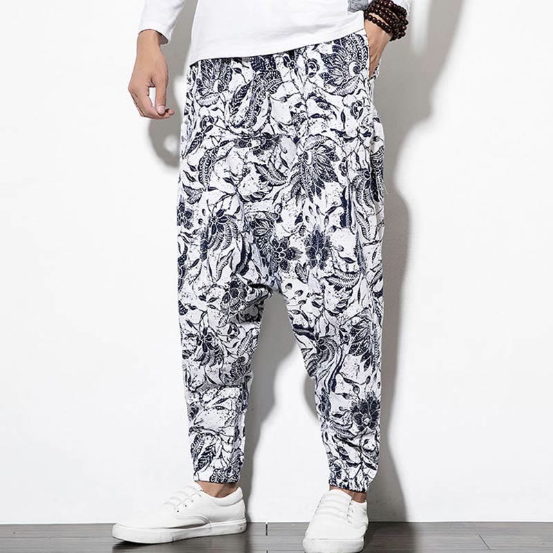Pantaloni harem lunghi da uomo in cotone con stampa di foglie e pietre Buddha Stones