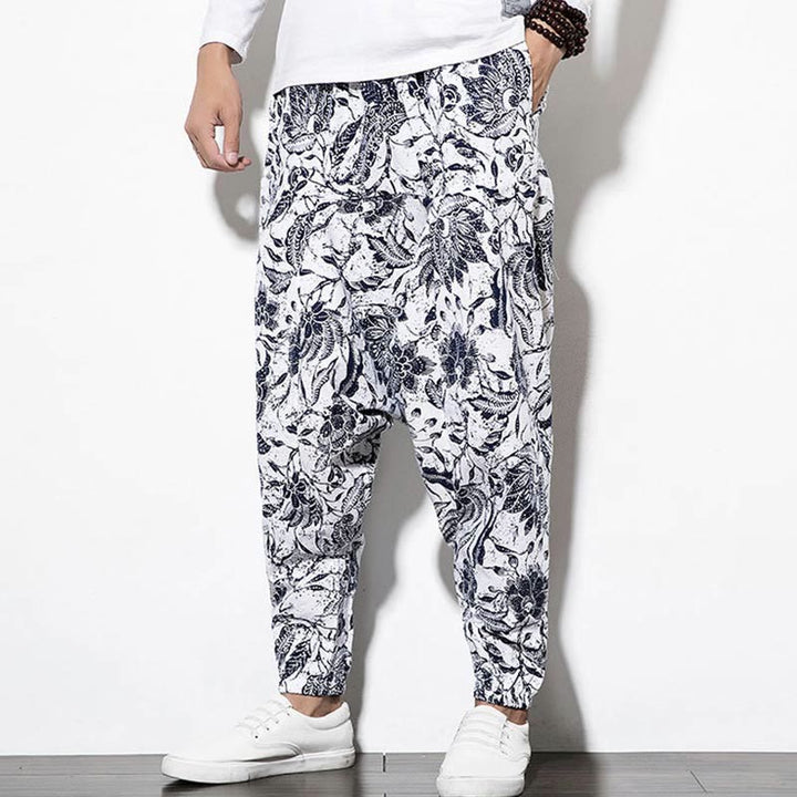 Pantaloni harem lunghi da uomo in cotone con stampa di foglie e pietre Buddha Stones