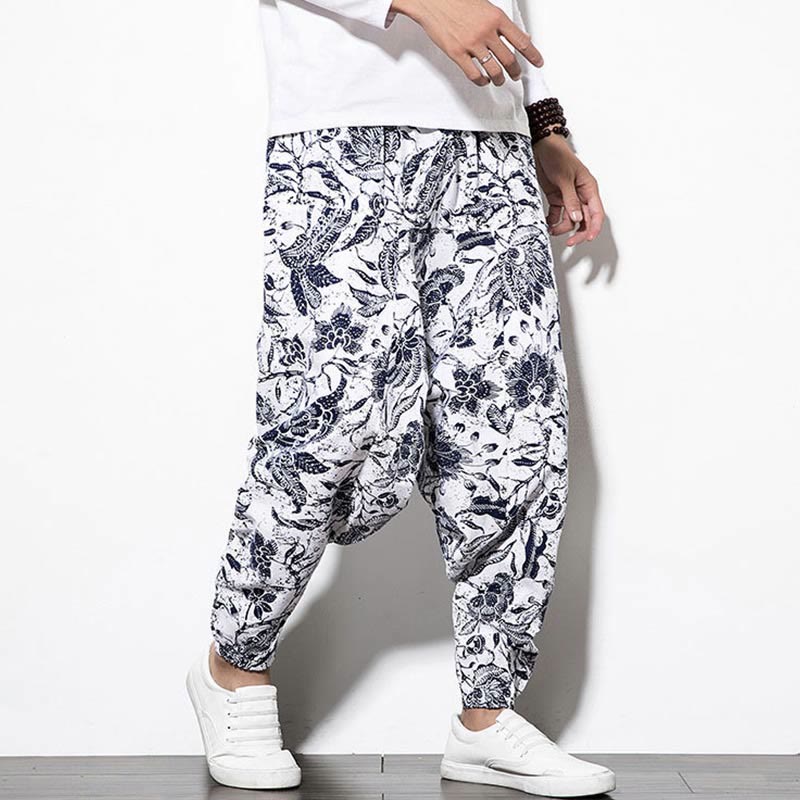 Pantaloni harem lunghi da uomo in cotone con stampa di foglie e pietre Buddha Stones