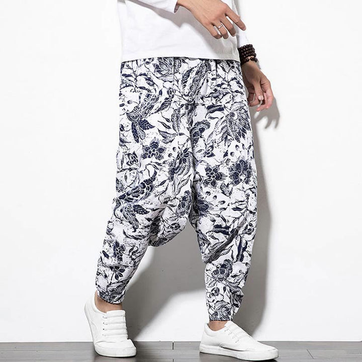 Pantaloni harem lunghi da uomo in cotone con stampa di foglie e pietre Buddha Stones
