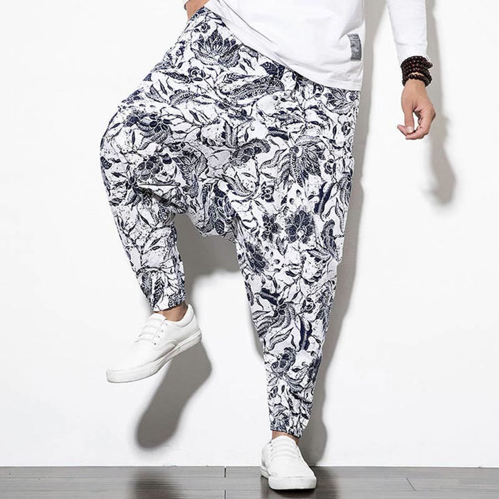 Pantaloni harem lunghi da uomo in cotone con stampa di foglie e pietre Buddha Stones