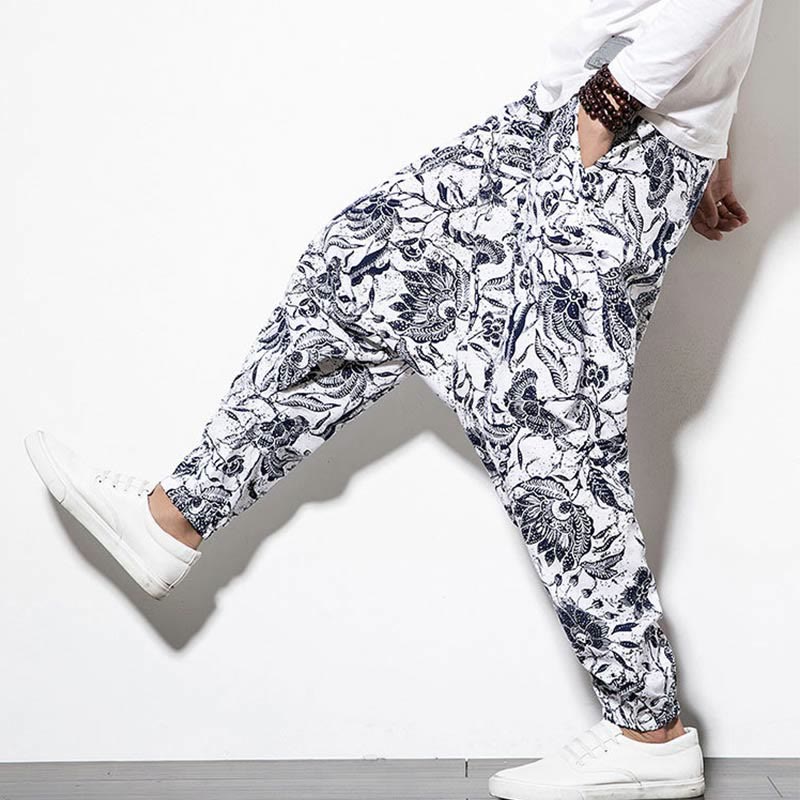 Pantaloni harem lunghi da uomo in cotone con stampa di foglie e pietre Buddha Stones