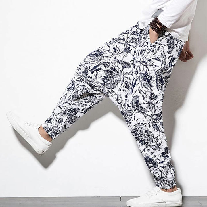 Pantaloni harem lunghi da uomo in cotone con stampa di foglie e pietre Buddha Stones