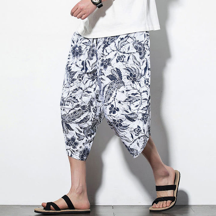 Pantaloni harem lunghi da uomo in cotone con stampa di foglie e pietre Buddha Stones