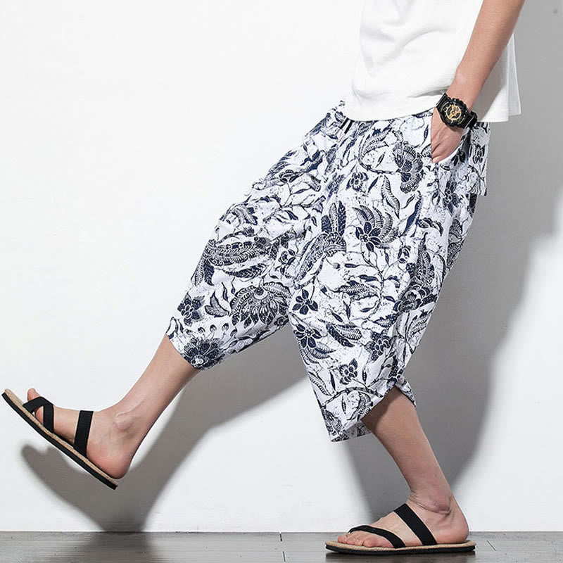 Pantaloni harem lunghi da uomo in cotone con stampa di foglie e pietre Buddha Stones