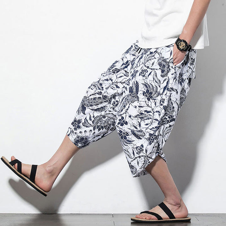 Pantaloni harem lunghi da uomo in cotone con stampa di foglie e pietre Buddha Stones