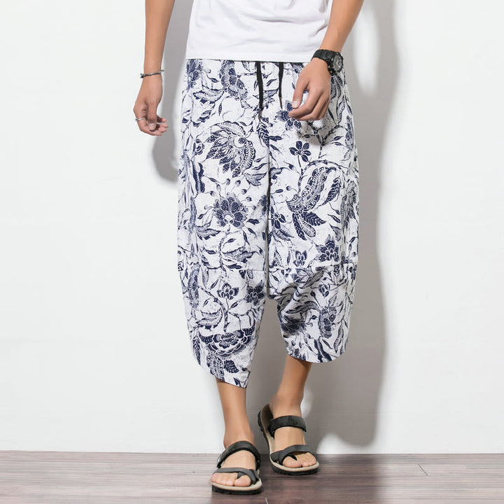 Pantaloni harem lunghi da uomo in cotone con stampa di foglie e pietre Buddha Stones